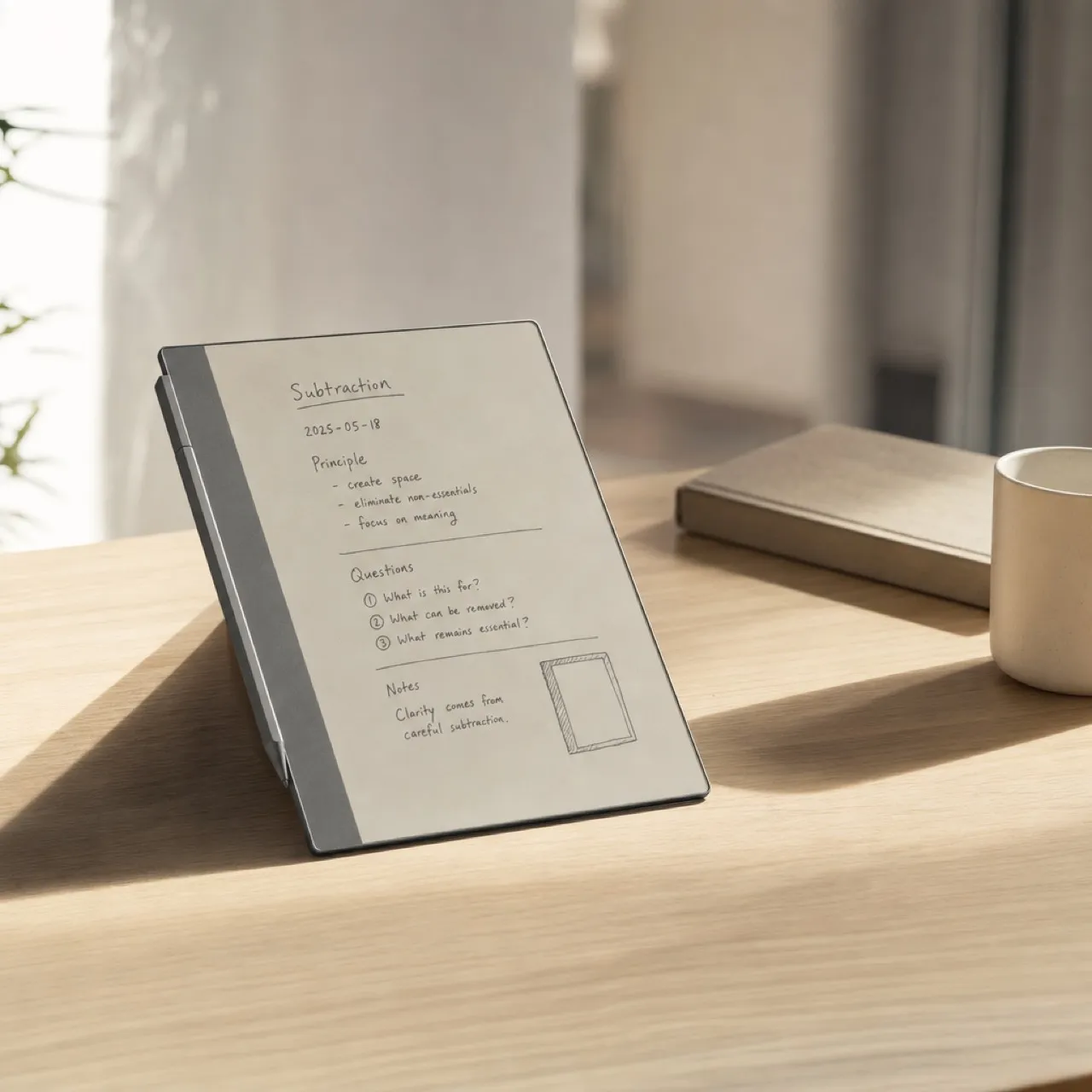An e-ink tablet propped on a wooden desk in morning light, a page of handwritten notes on screen