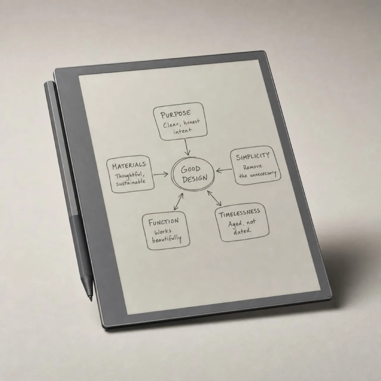 Three-quarter view of a thin graphite e-ink writing tablet with a matching stylus
