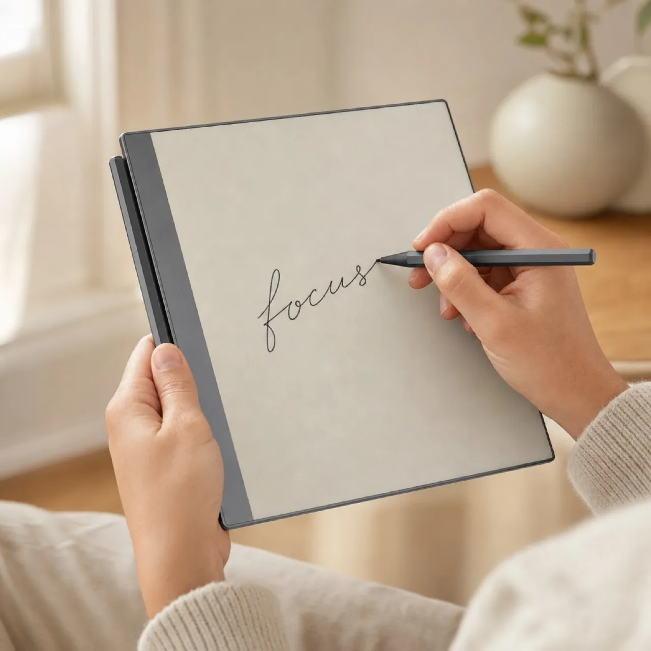 Hands holding the tablet by its left spine while writing