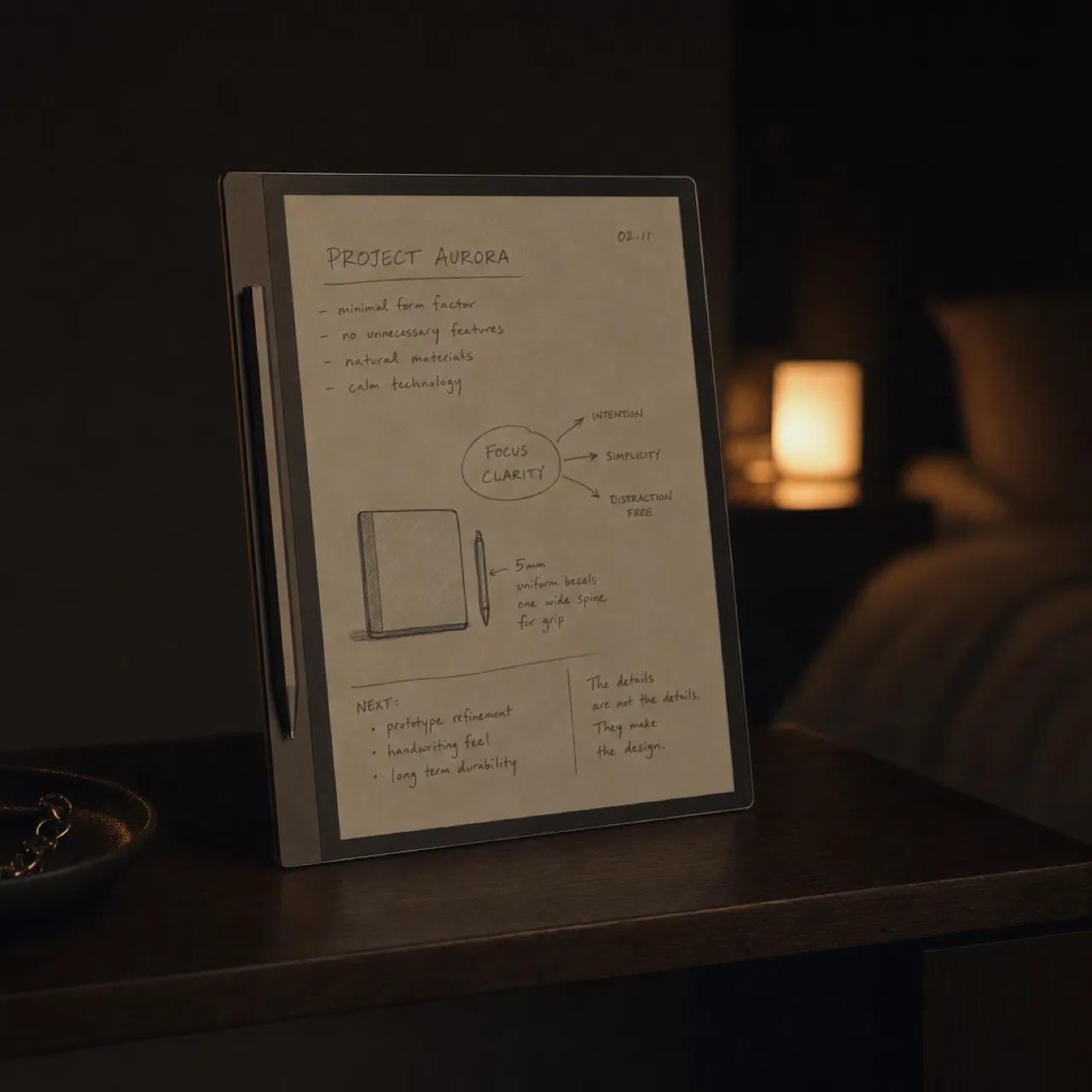 The tablet on a bedside table in low warm light