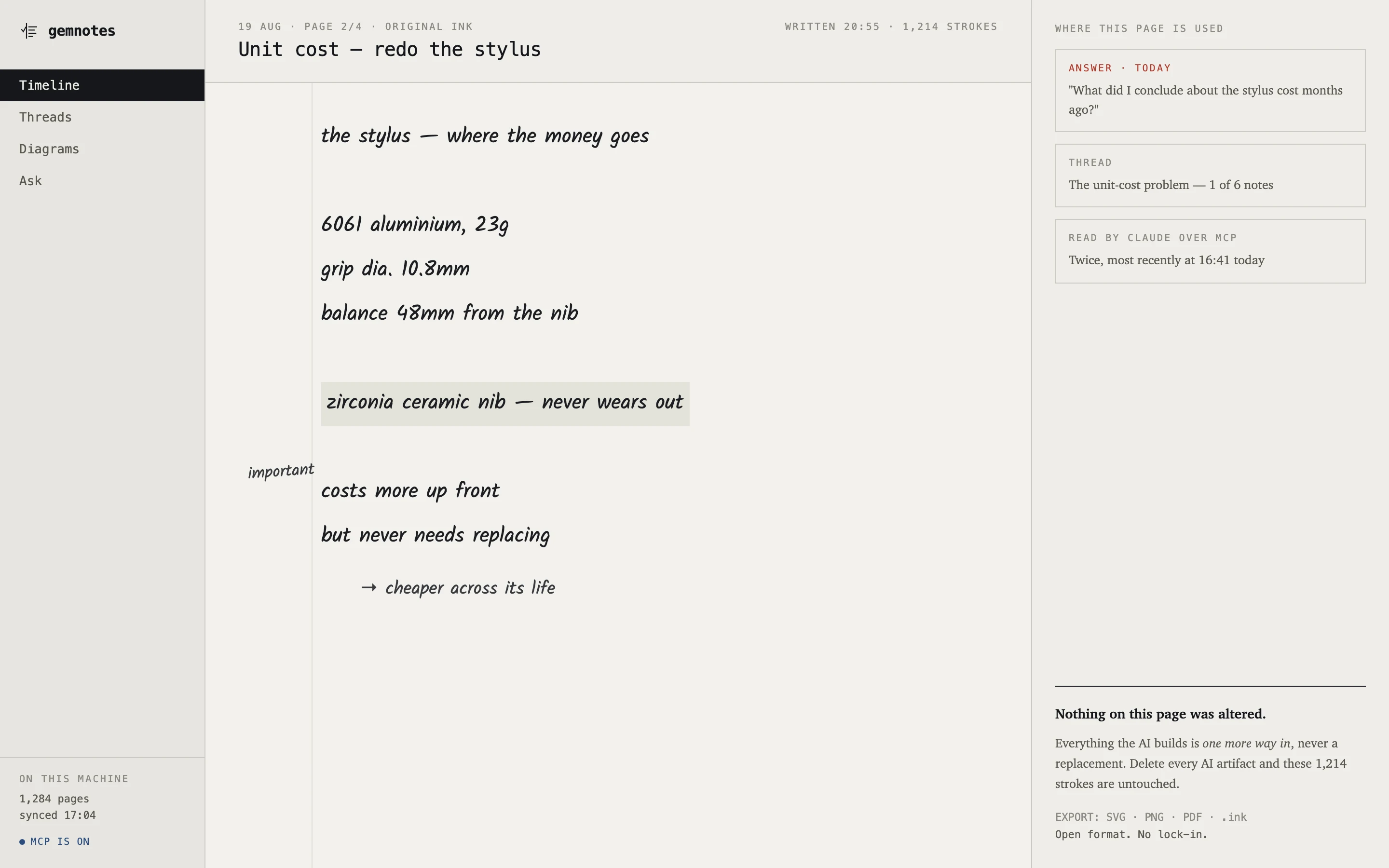 gemnotes original ink view showing a handwritten page and a panel listing where it has been used