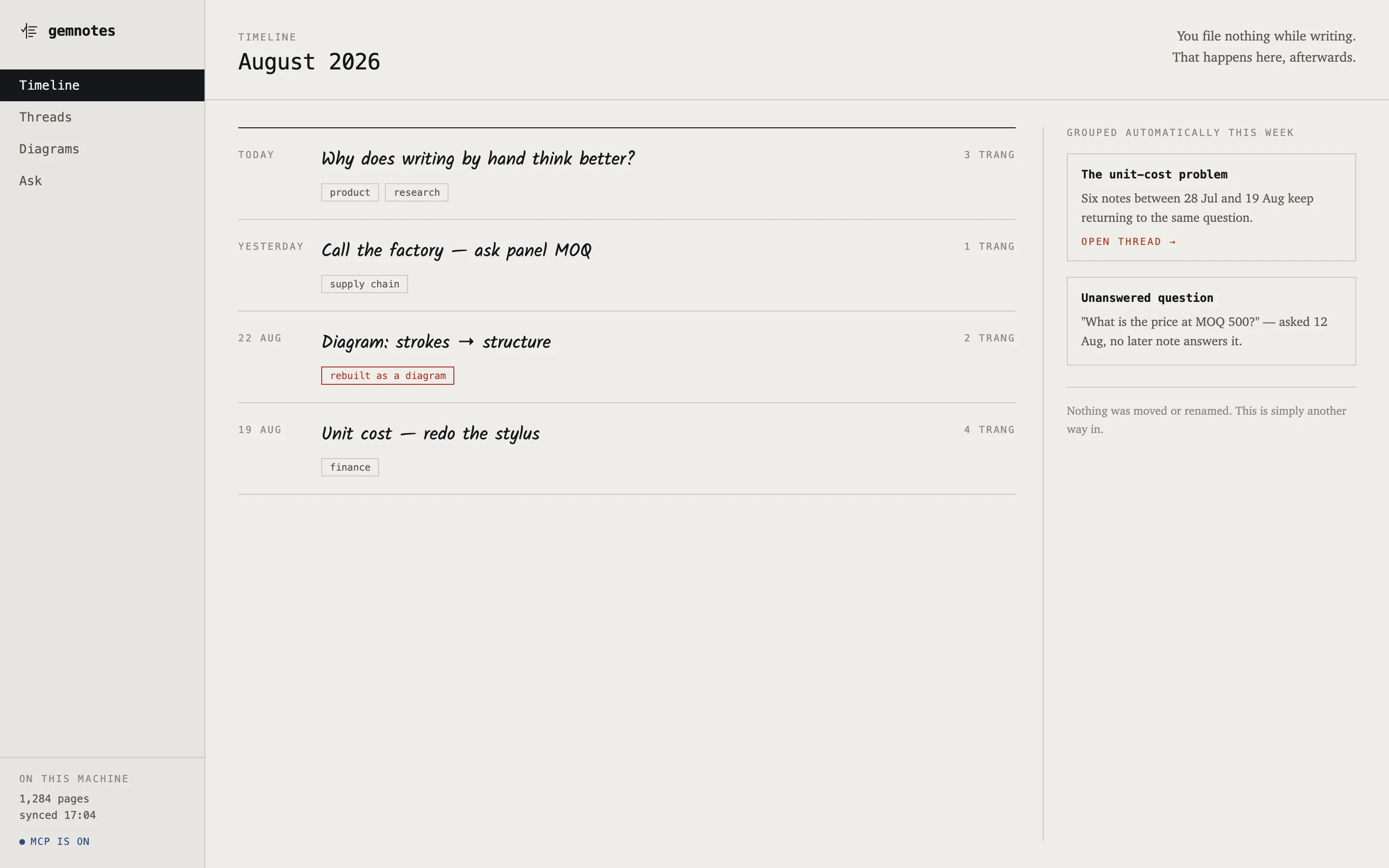 The gemnotes timeline after an archive import, showing dated notes and grouped threads